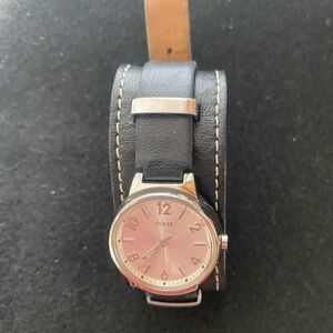 Guess Pink Dial Watch with Black Leather Band